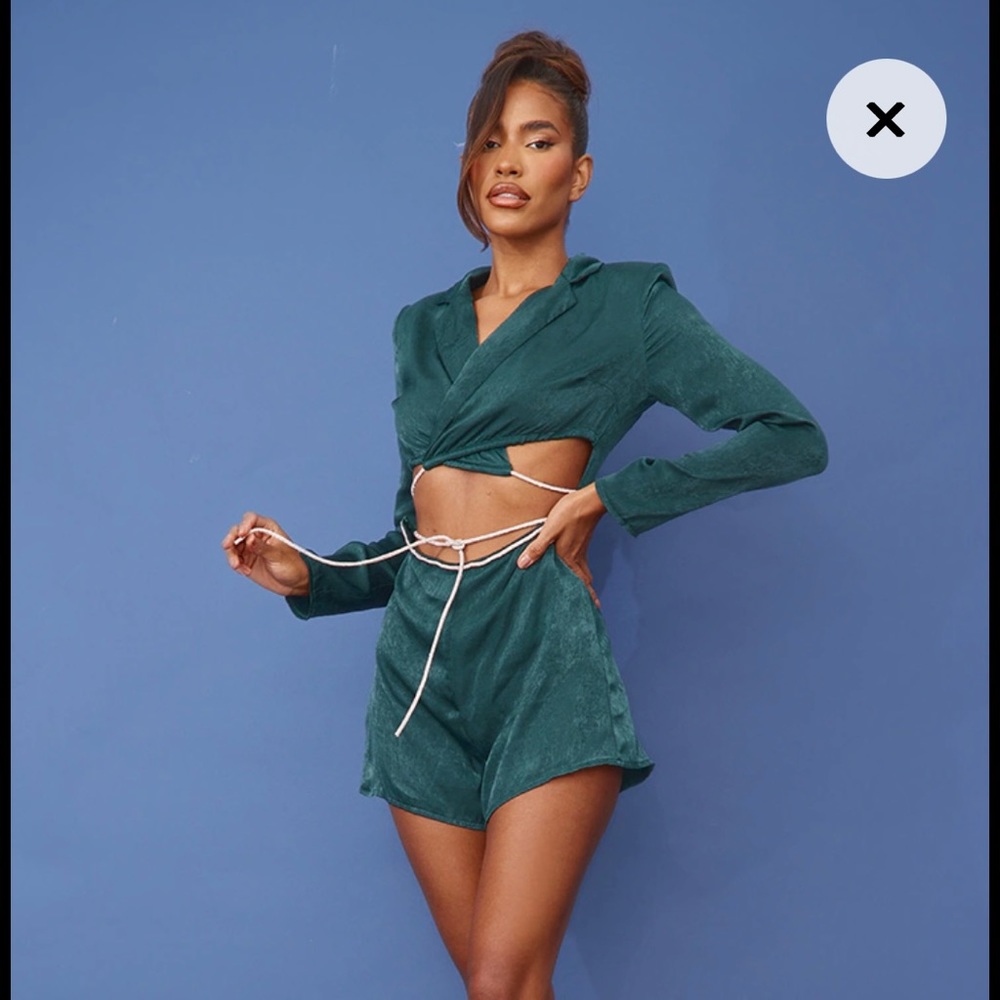 Emerald Green Satin Lapel Detail Diamante Waist Tie Romper